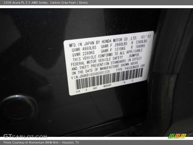 2008 RL 3.5 AWD Sedan Carbon Gray Pearl Color Code NH658P