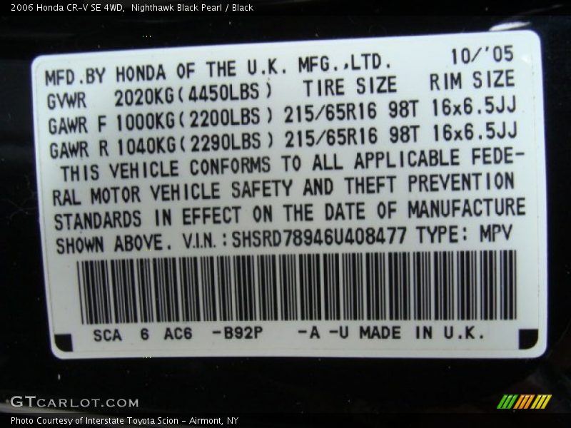 Nighthawk Black Pearl / Black 2006 Honda CR-V SE 4WD