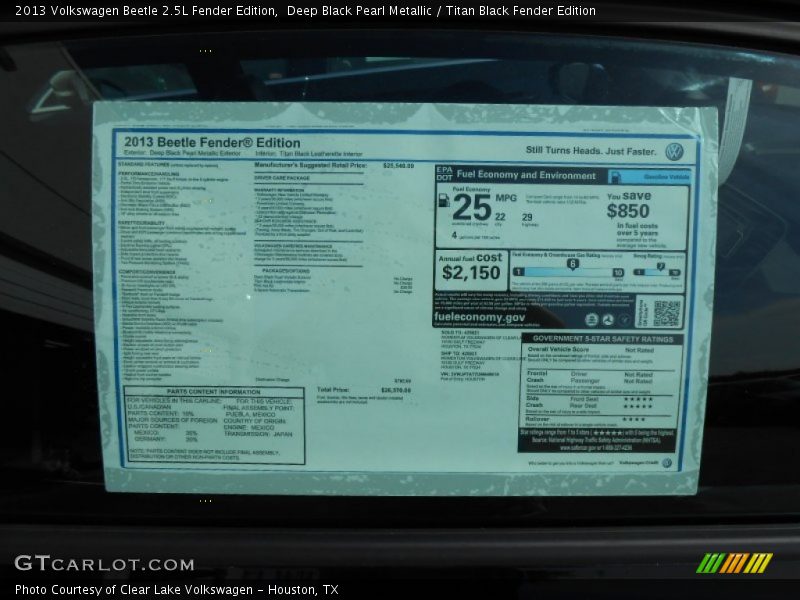  2013 Beetle 2.5L Fender Edition Window Sticker