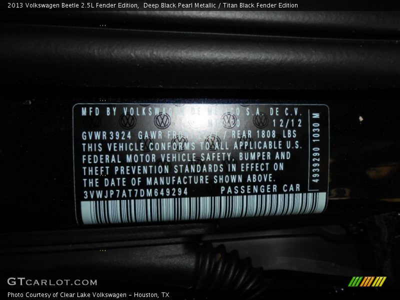 Deep Black Pearl Metallic / Titan Black Fender Edition 2013 Volkswagen Beetle 2.5L Fender Edition