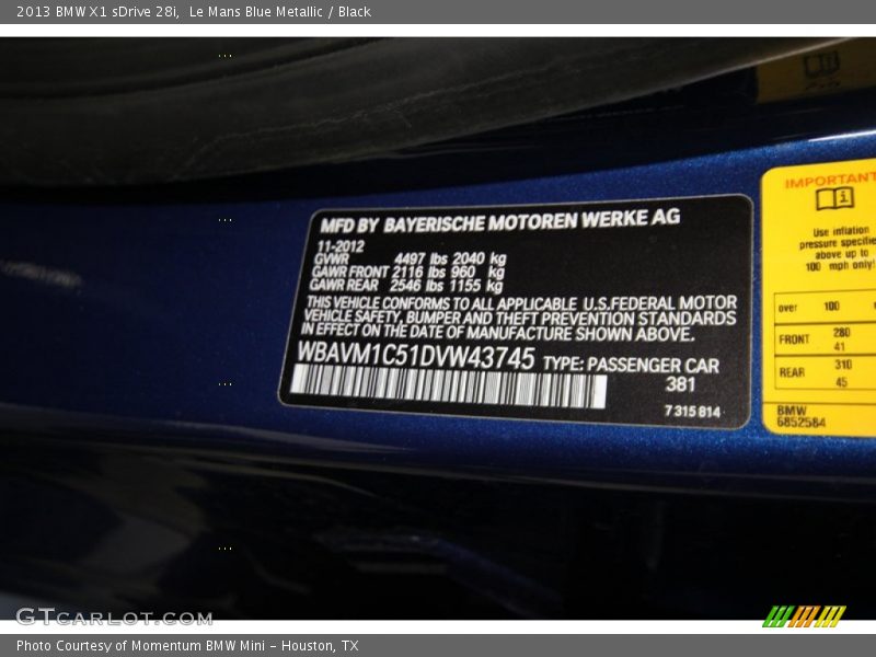 2013 X1 sDrive 28i Le Mans Blue Metallic Color Code 381