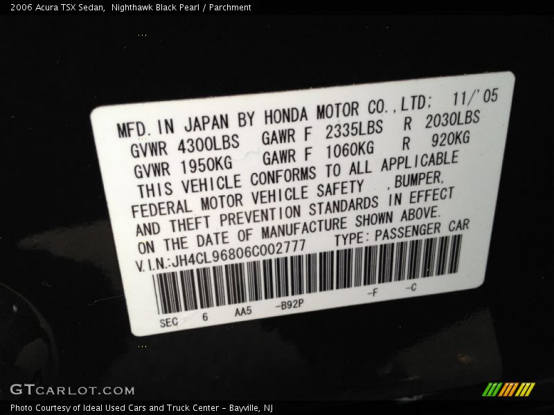 Nighthawk Black Pearl / Parchment 2006 Acura TSX Sedan
