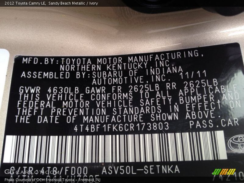 Sandy Beach Metallic / Ivory 2012 Toyota Camry LE