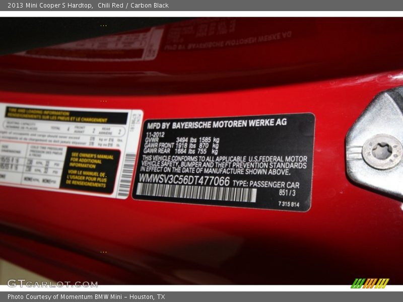2013 Cooper S Hardtop Chili Red Color Code 851