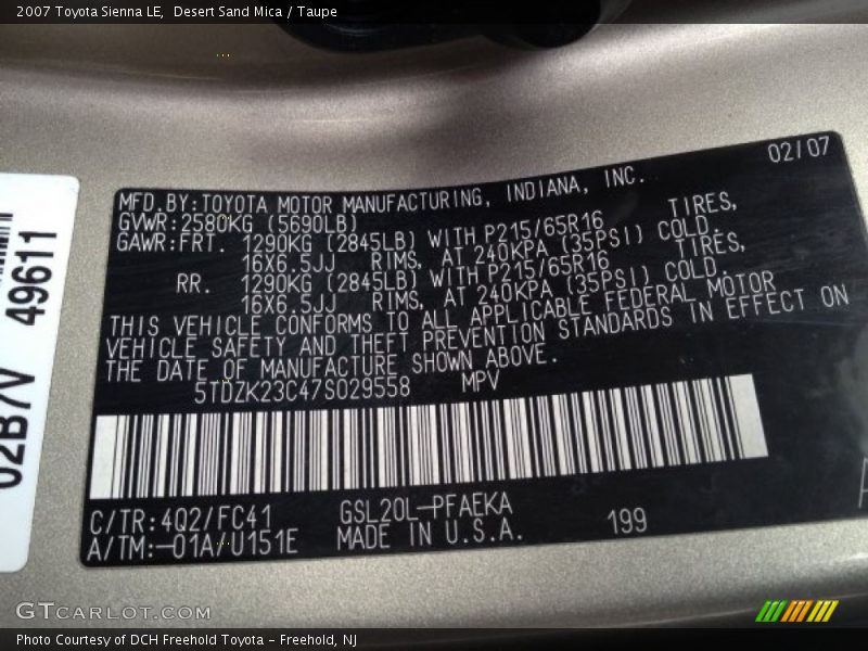 Desert Sand Mica / Taupe 2007 Toyota Sienna LE