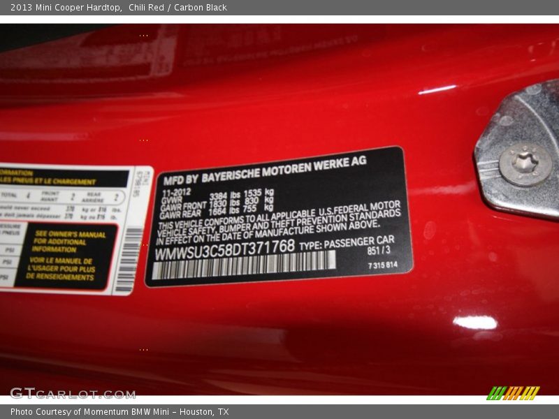 Chili Red / Carbon Black 2013 Mini Cooper Hardtop