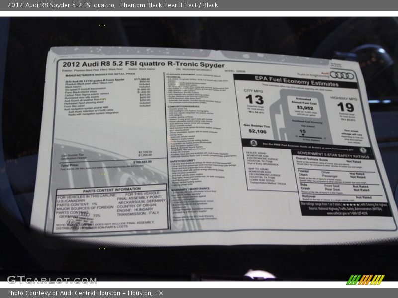  2012 R8 Spyder 5.2 FSI quattro Window Sticker