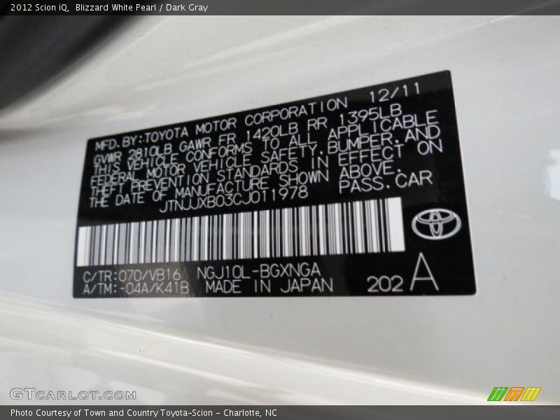 2012 iQ  Blizzard White Pearl Color Code 070