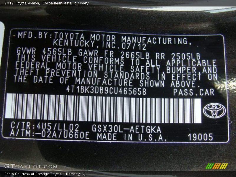 2012 Avalon  Cocoa Bean Metallic Color Code 4U5