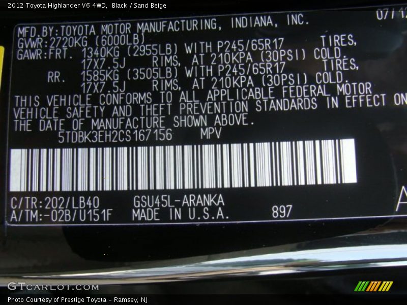 Black / Sand Beige 2012 Toyota Highlander V6 4WD