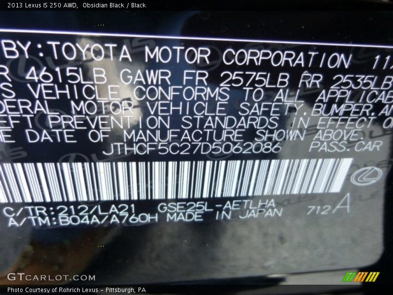 2013 IS 250 AWD Obsidian Black Color Code 212