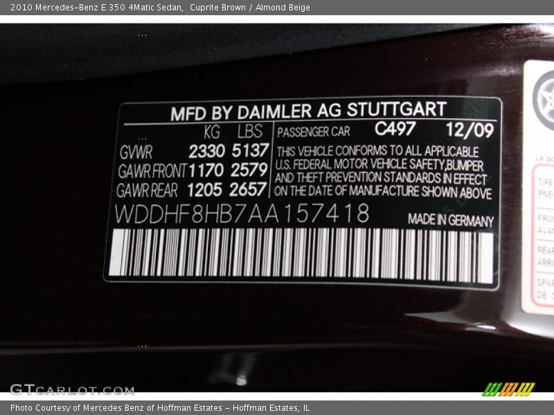 2010 E 350 4Matic Sedan Cuprite Brown Color Code 497