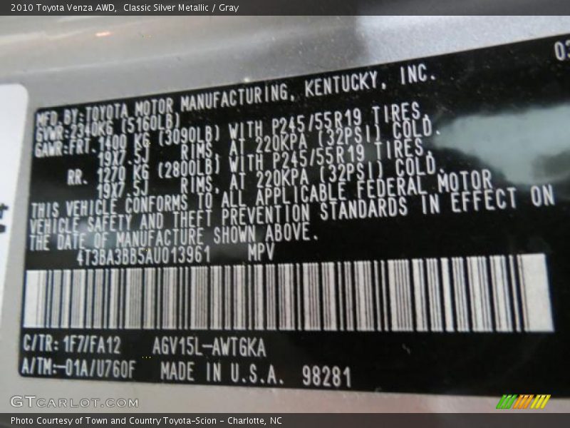 Classic Silver Metallic / Gray 2010 Toyota Venza AWD