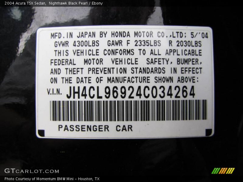 Nighthawk Black Pearl / Ebony 2004 Acura TSX Sedan