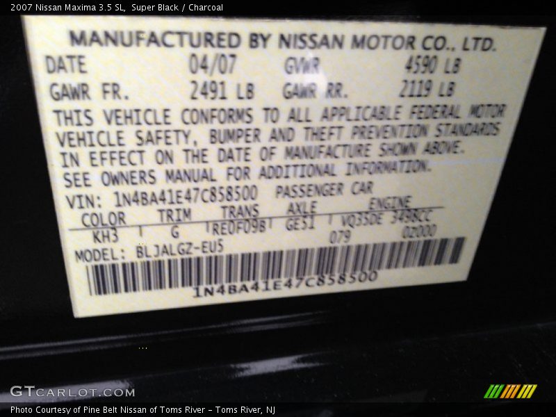 Super Black / Charcoal 2007 Nissan Maxima 3.5 SL