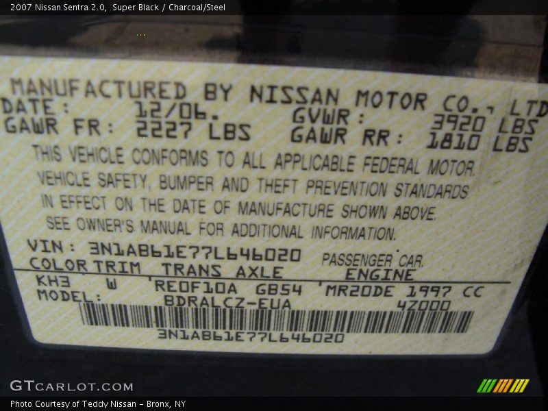 Super Black / Charcoal/Steel 2007 Nissan Sentra 2.0