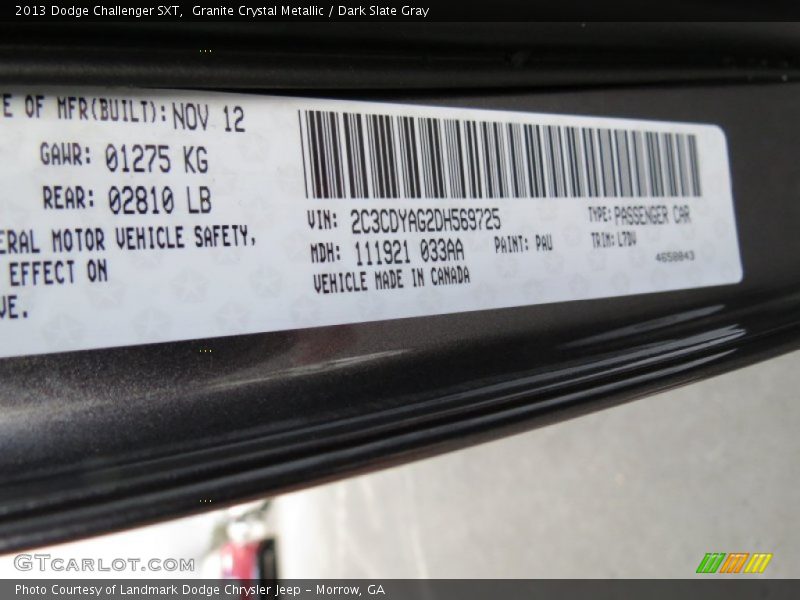 2013 Challenger SXT Granite Crystal Metallic Color Code PAU