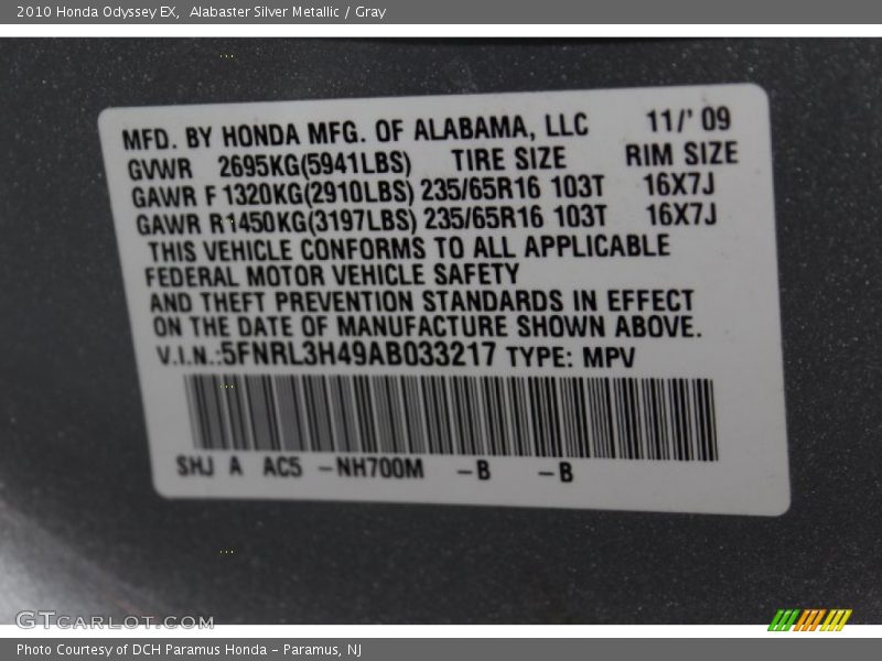 Alabaster Silver Metallic / Gray 2010 Honda Odyssey EX