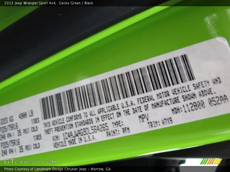 2013 Wrangler Sport 4x4 Gecko Green Color Code PFM