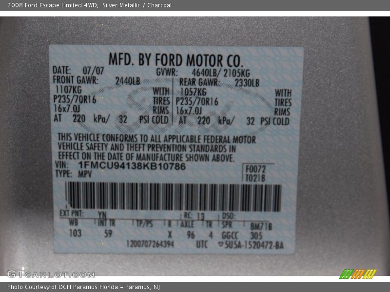 2008 Escape Limited 4WD Silver Metallic Color Code YN