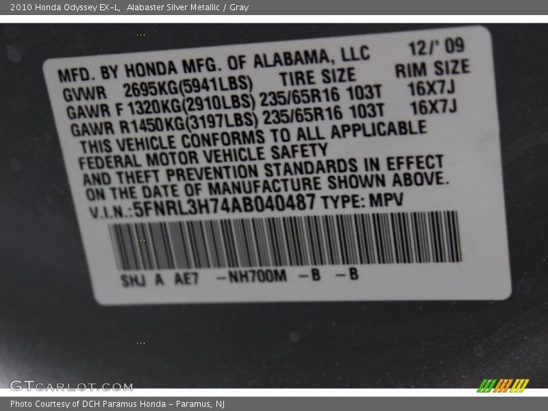 Alabaster Silver Metallic / Gray 2010 Honda Odyssey EX-L