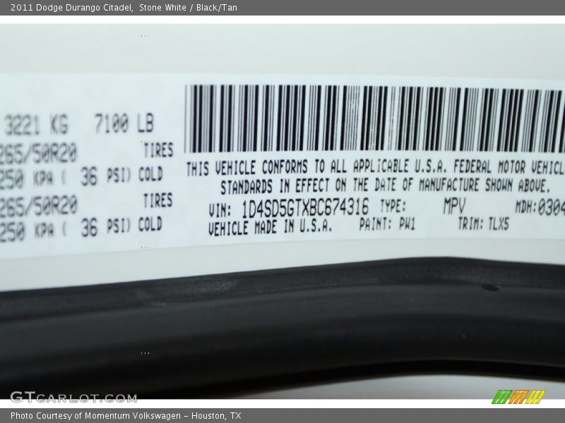 Stone White / Black/Tan 2011 Dodge Durango Citadel