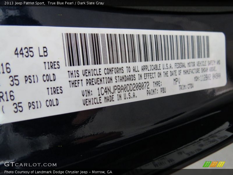 True Blue Pearl / Dark Slate Gray 2013 Jeep Patriot Sport