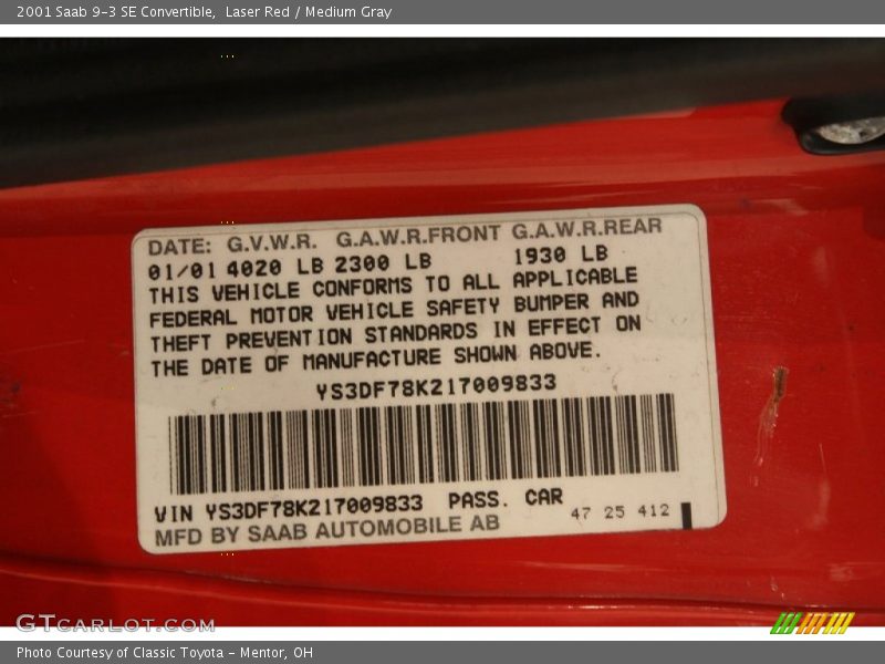 Laser Red / Medium Gray 2001 Saab 9-3 SE Convertible