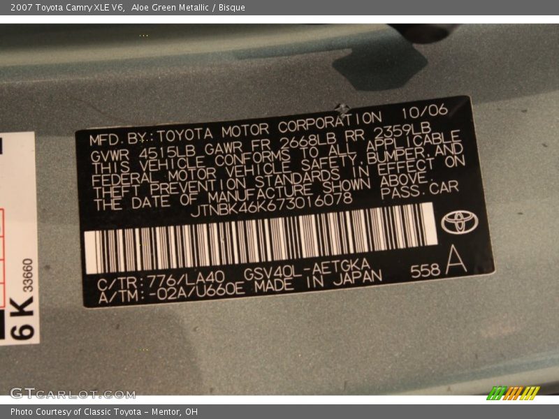 2007 Camry XLE V6 Aloe Green Metallic Color Code 776