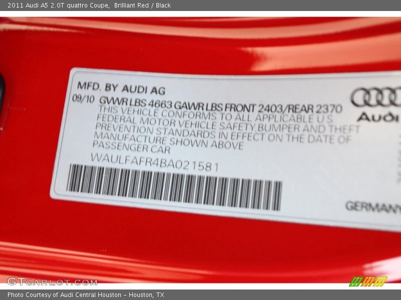 Brilliant Red / Black 2011 Audi A5 2.0T quattro Coupe