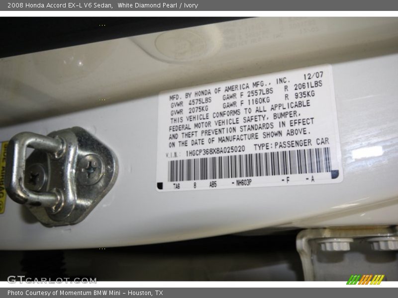 White Diamond Pearl / Ivory 2008 Honda Accord EX-L V6 Sedan