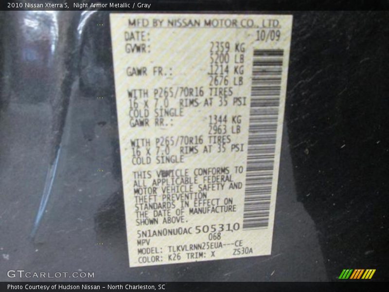 Night Armor Metallic / Gray 2010 Nissan Xterra S