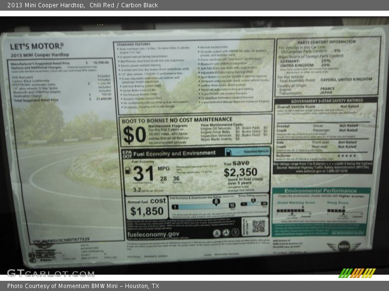 Chili Red / Carbon Black 2013 Mini Cooper Hardtop