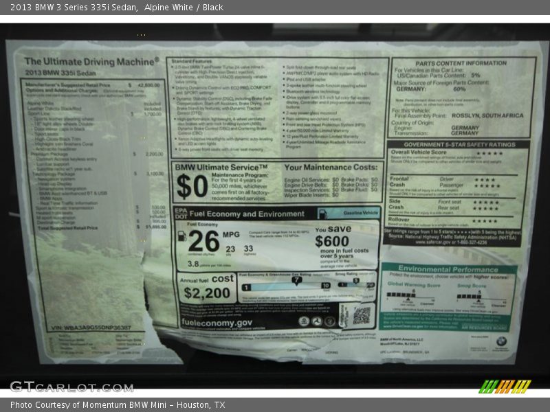  2013 3 Series 335i Sedan Window Sticker