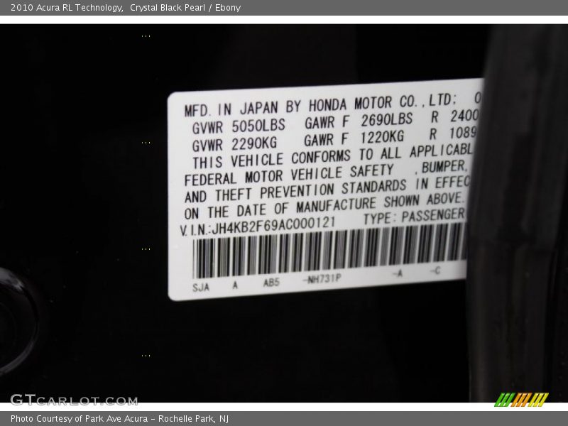 Crystal Black Pearl / Ebony 2010 Acura RL Technology