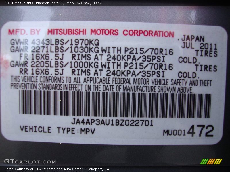 Mercury Gray / Black 2011 Mitsubishi Outlander Sport ES