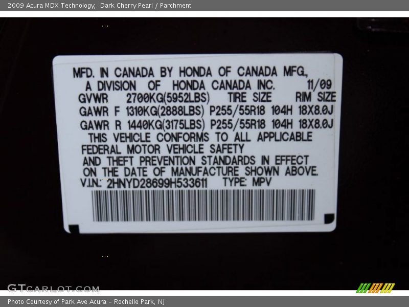 Dark Cherry Pearl / Parchment 2009 Acura MDX Technology