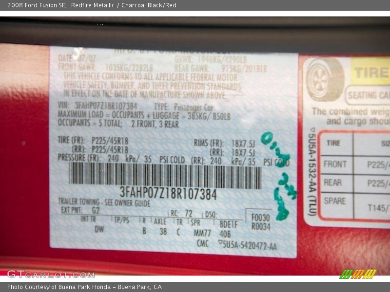 2008 Fusion SE Redfire Metallic Color Code G2