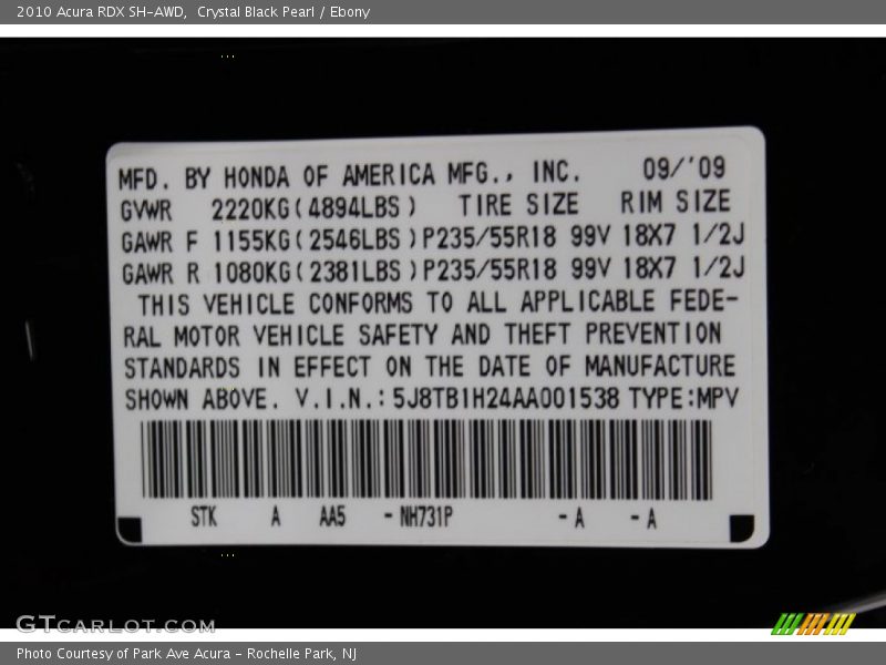 Crystal Black Pearl / Ebony 2010 Acura RDX SH-AWD