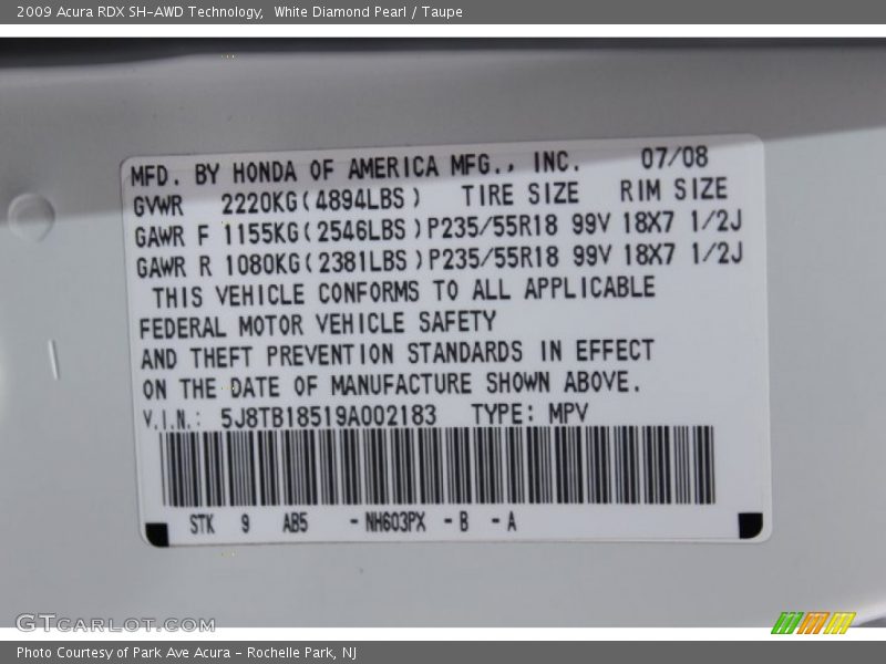 White Diamond Pearl / Taupe 2009 Acura RDX SH-AWD Technology