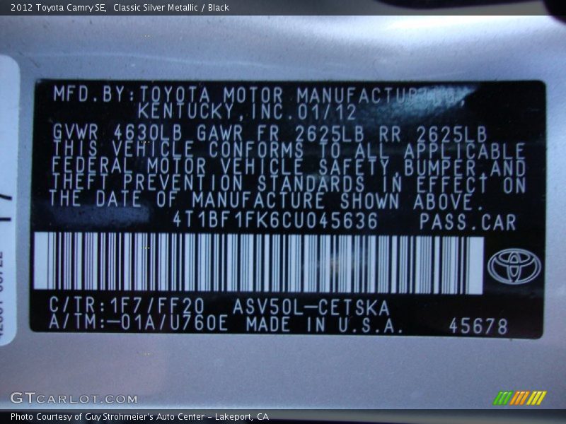 Classic Silver Metallic / Black 2012 Toyota Camry SE