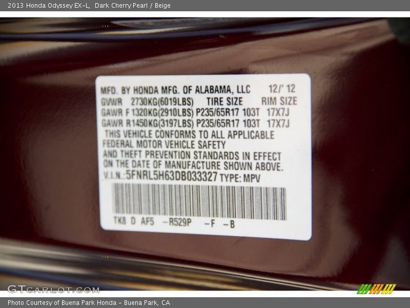 Dark Cherry Pearl / Beige 2013 Honda Odyssey EX-L