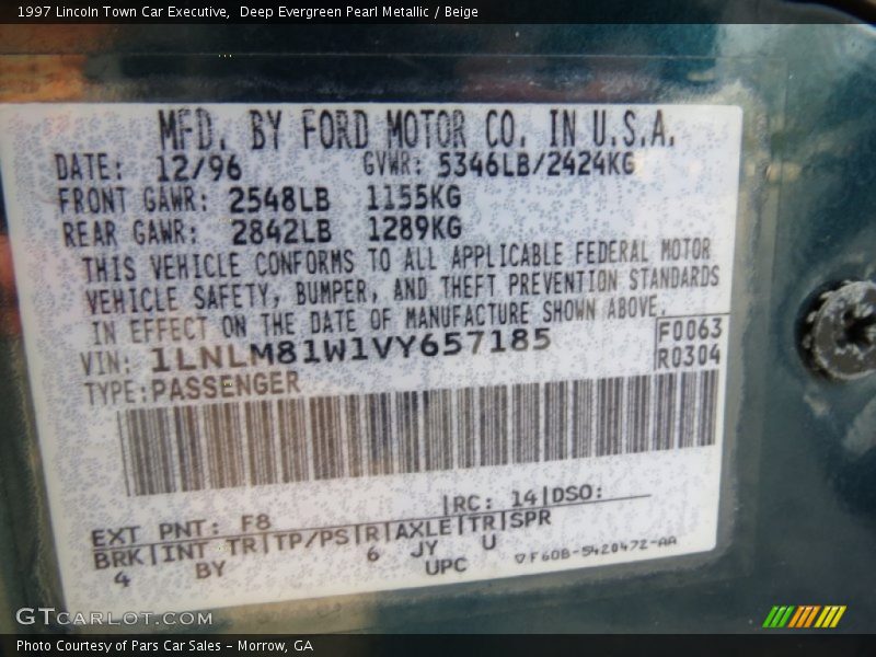 1997 Town Car Executive Deep Evergreen Pearl Metallic Color Code F8