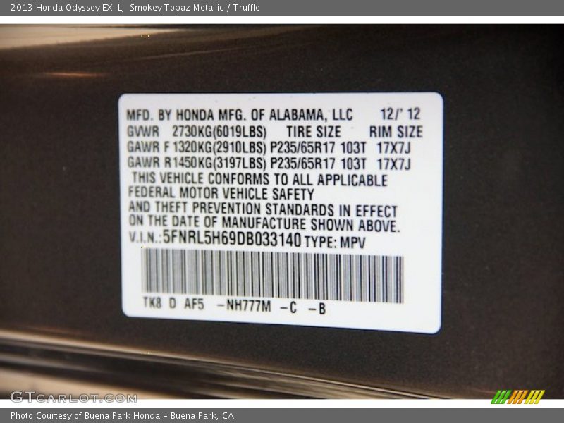 Smokey Topaz Metallic / Truffle 2013 Honda Odyssey EX-L