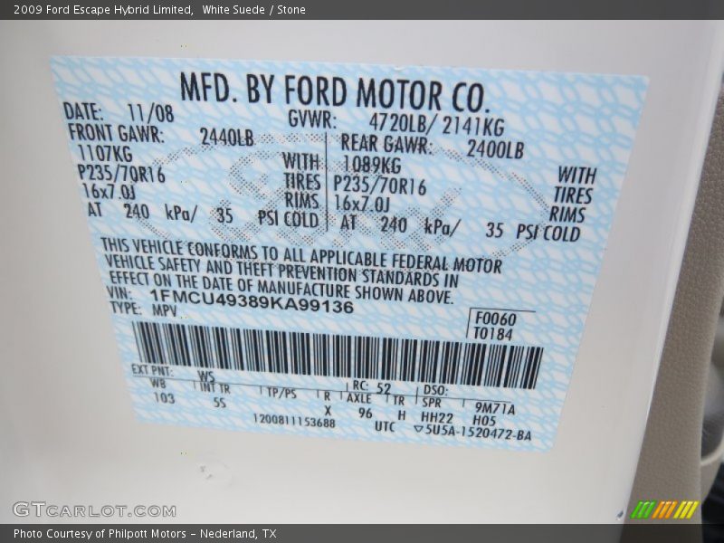 2009 Escape Hybrid Limited White Suede Color Code WS