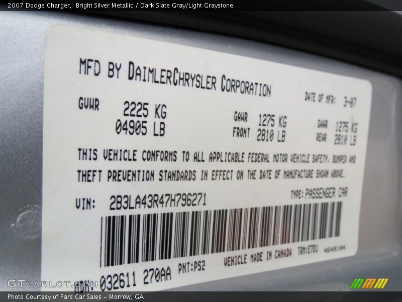 Bright Silver Metallic / Dark Slate Gray/Light Graystone 2007 Dodge Charger
