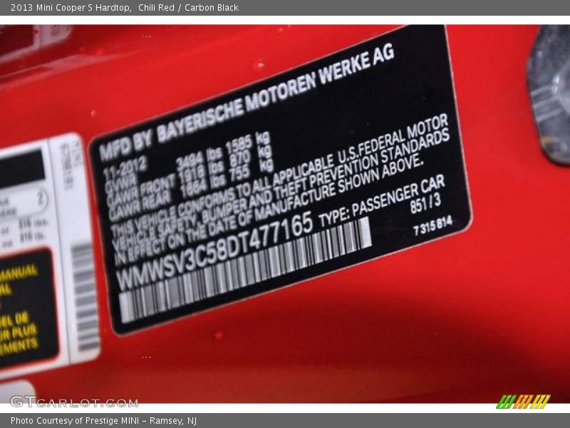 Chili Red / Carbon Black 2013 Mini Cooper S Hardtop