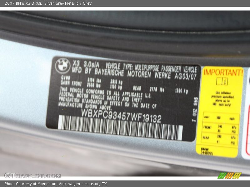 Silver Grey Metallic / Grey 2007 BMW X3 3.0si