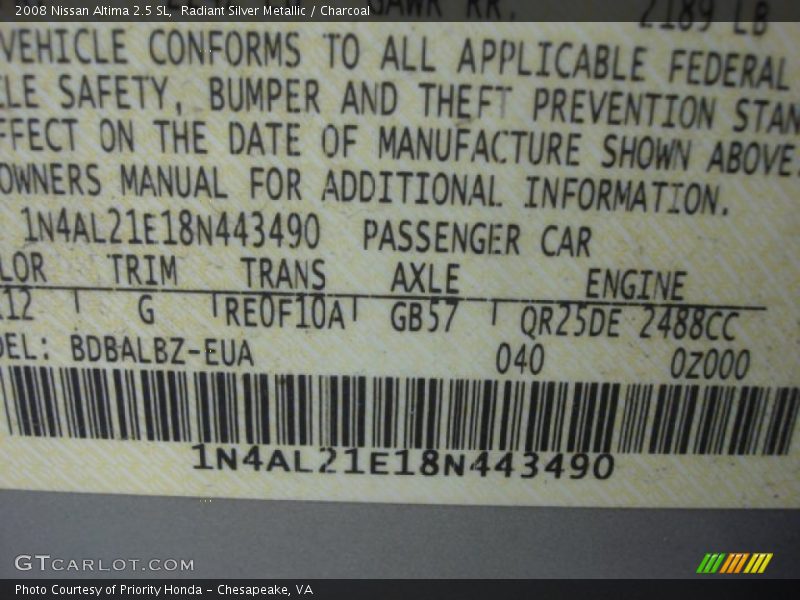 Radiant Silver Metallic / Charcoal 2008 Nissan Altima 2.5 SL