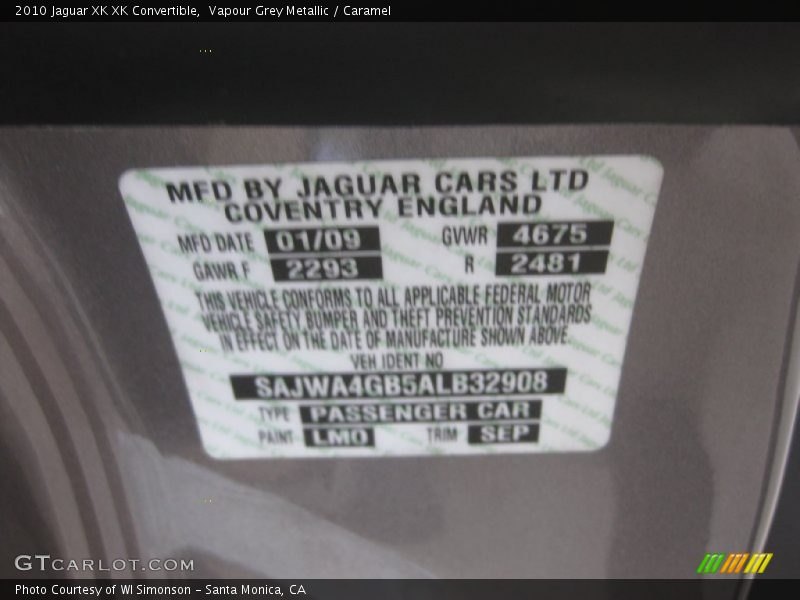 2010 XK XK Convertible Vapour Grey Metallic Color Code LMO